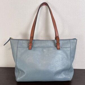 Fossil Rachel Tote Bag Blue Leather Zipper Shoulder Bag Brown Straps Large